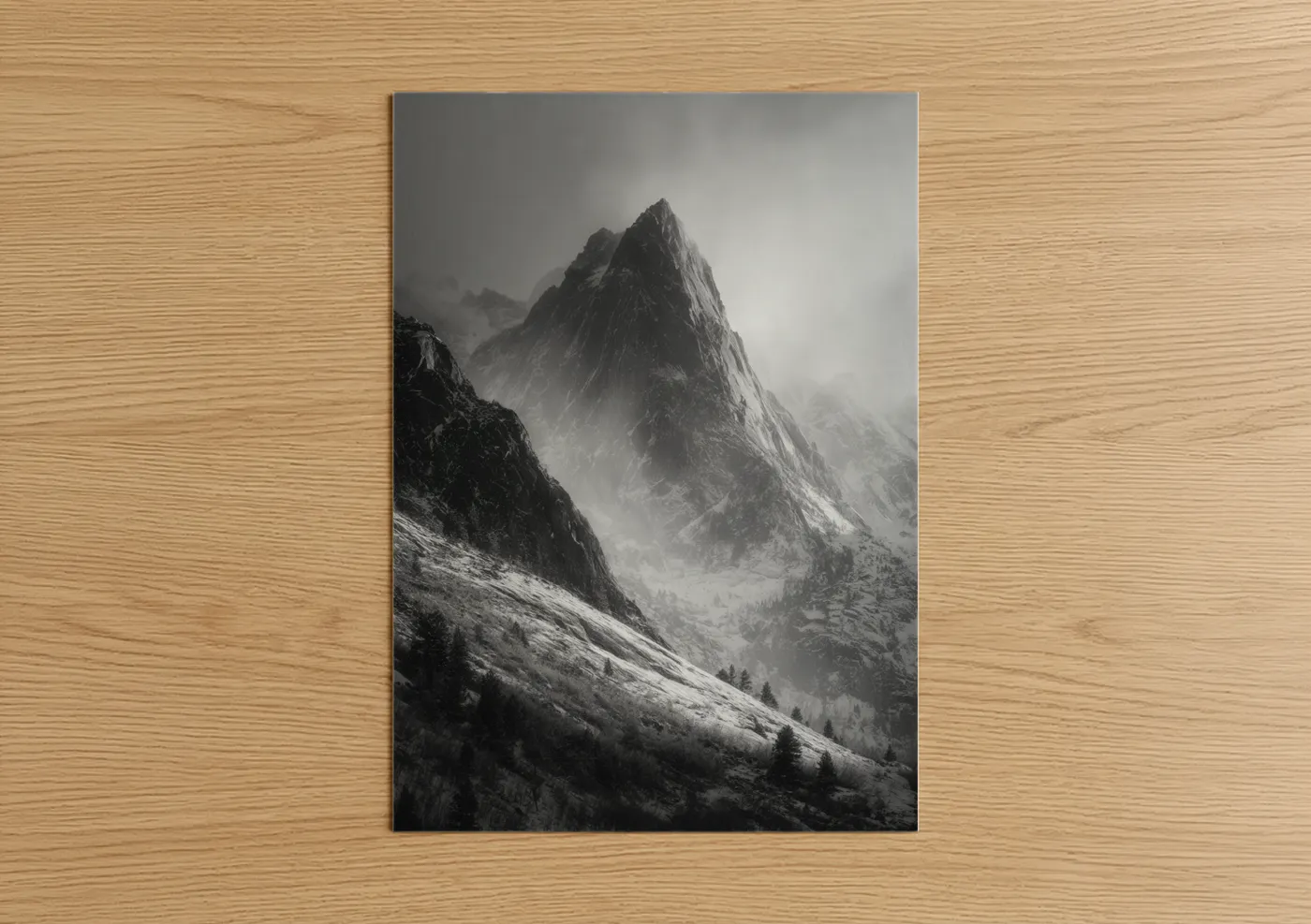 Snowy mountains art print on warm oak wood — black and white and gray palette — Misty Alpine Peak poster