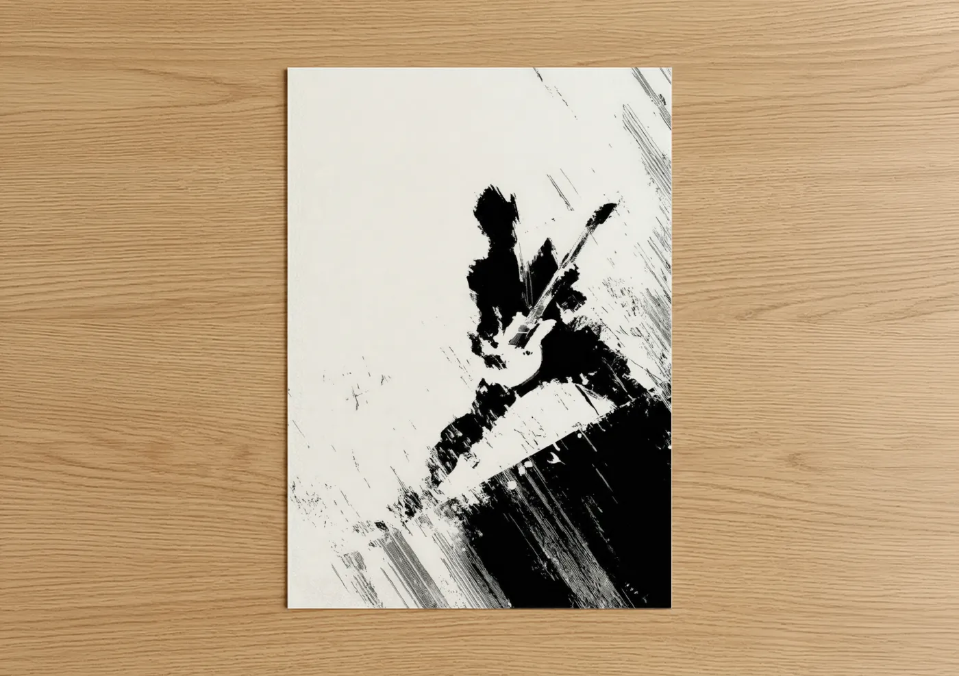 Rock'n roll art print on warm oak wood — black and white palette — Electric Rebellion poster