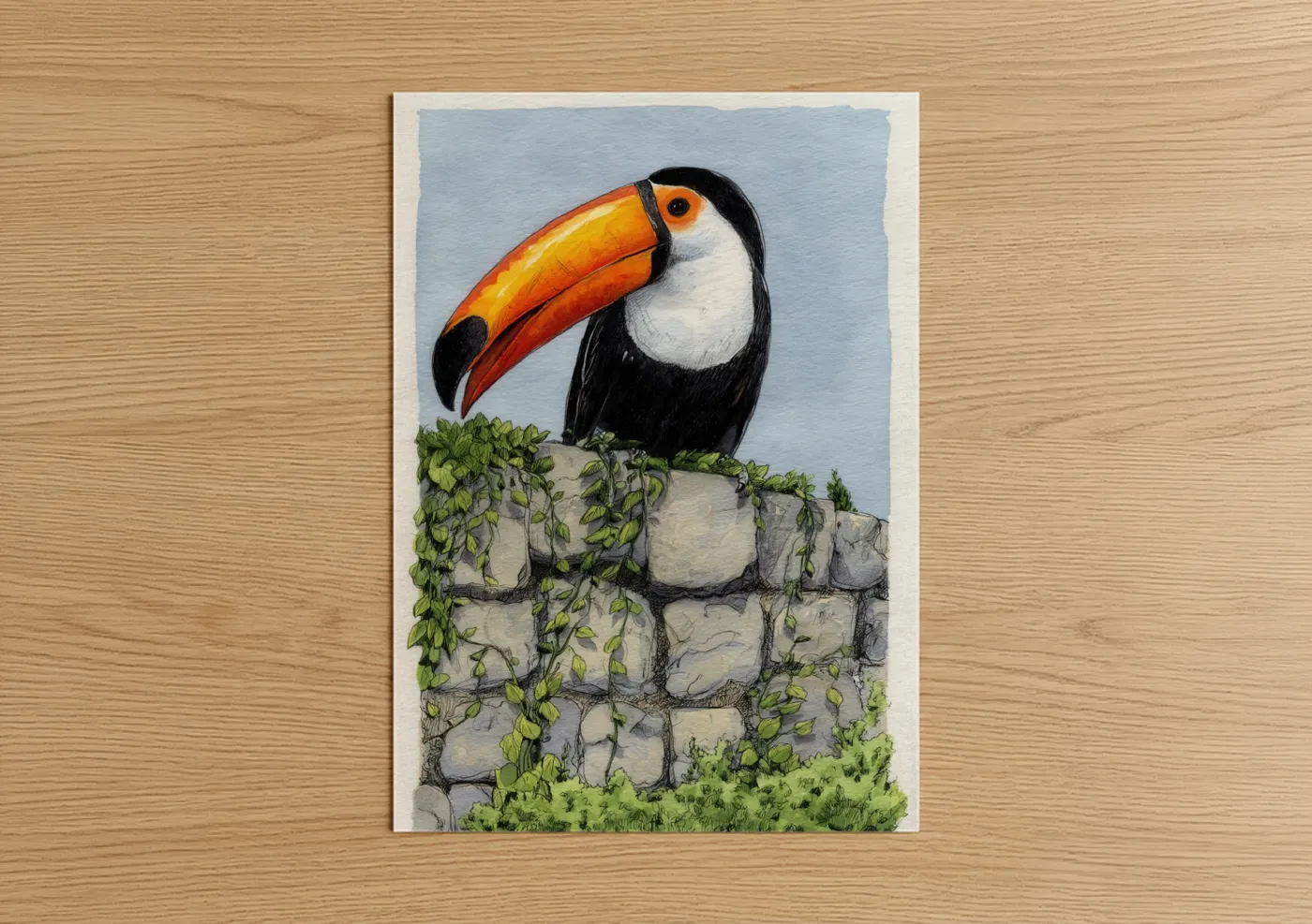 Art print on warm oak wood — blue and orange palette — Toucan on Stone poster