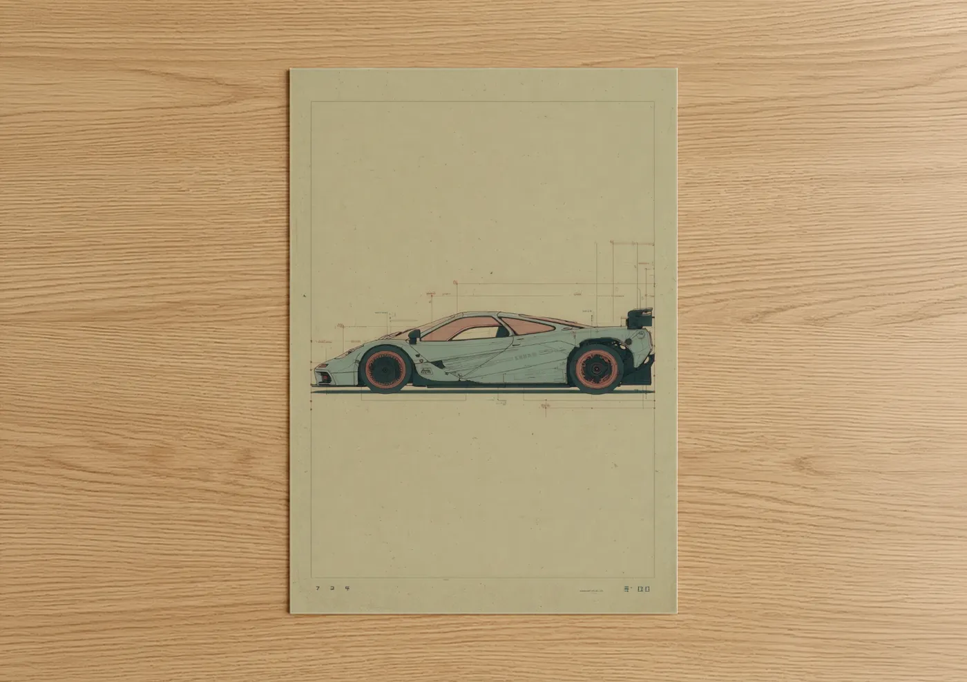 Mint Green Sports Car Blueprint Design Wall Art