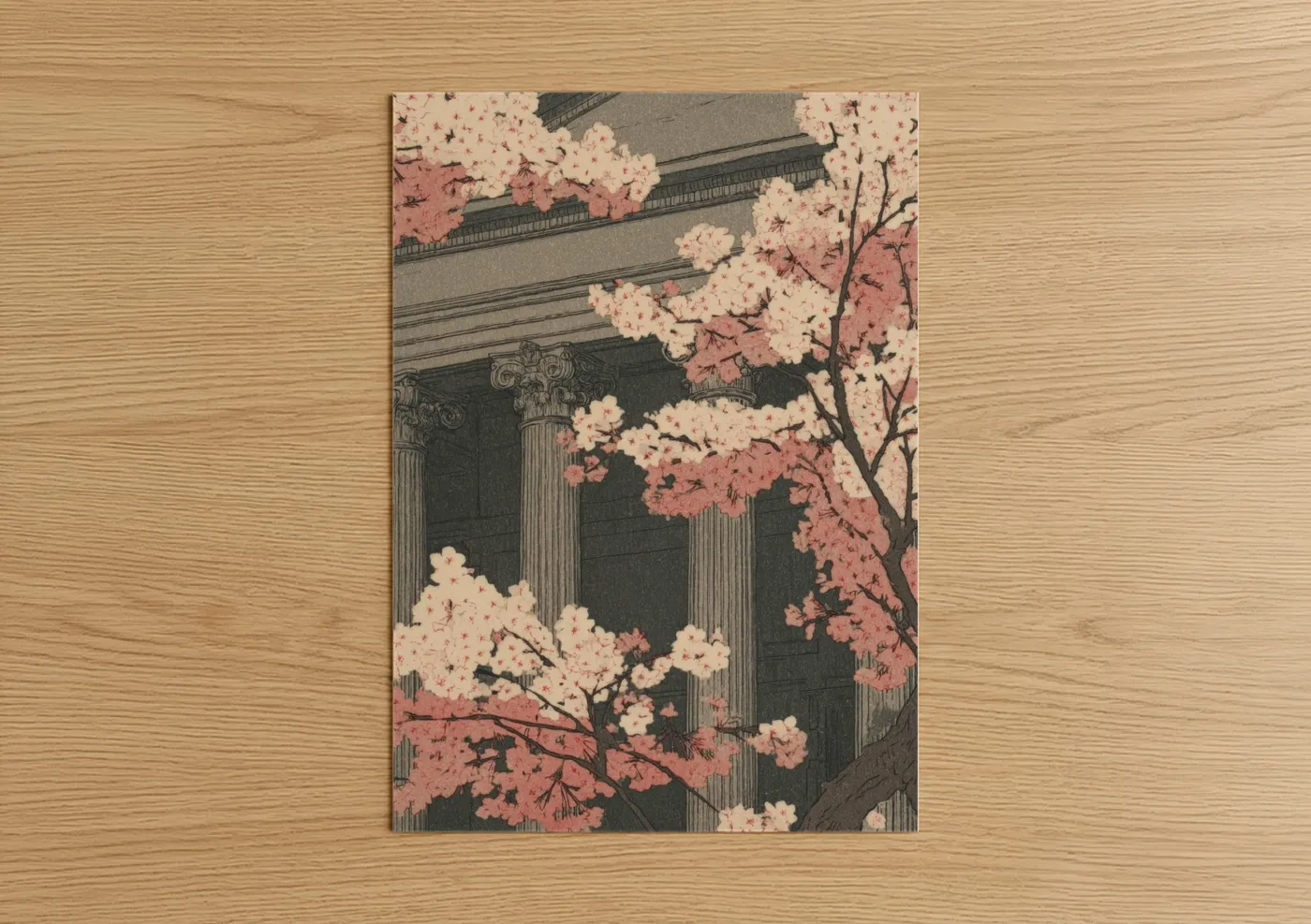 Art print on warm oak wood — black and white and salmon pink palette — Pantheon Blossoms poster