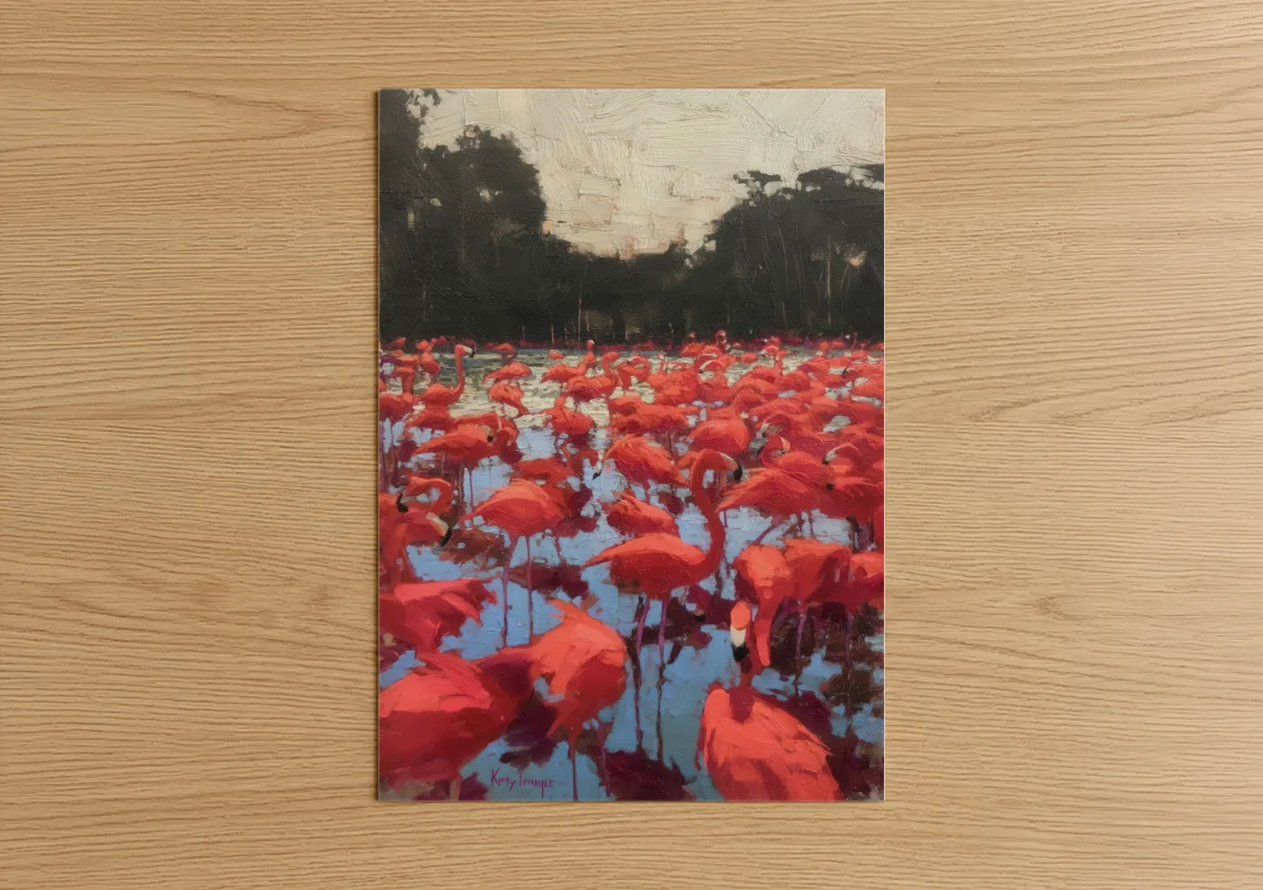 Art print on warm oak wood — red and blue and white palette — Crimson Flamingo Wetland poster
