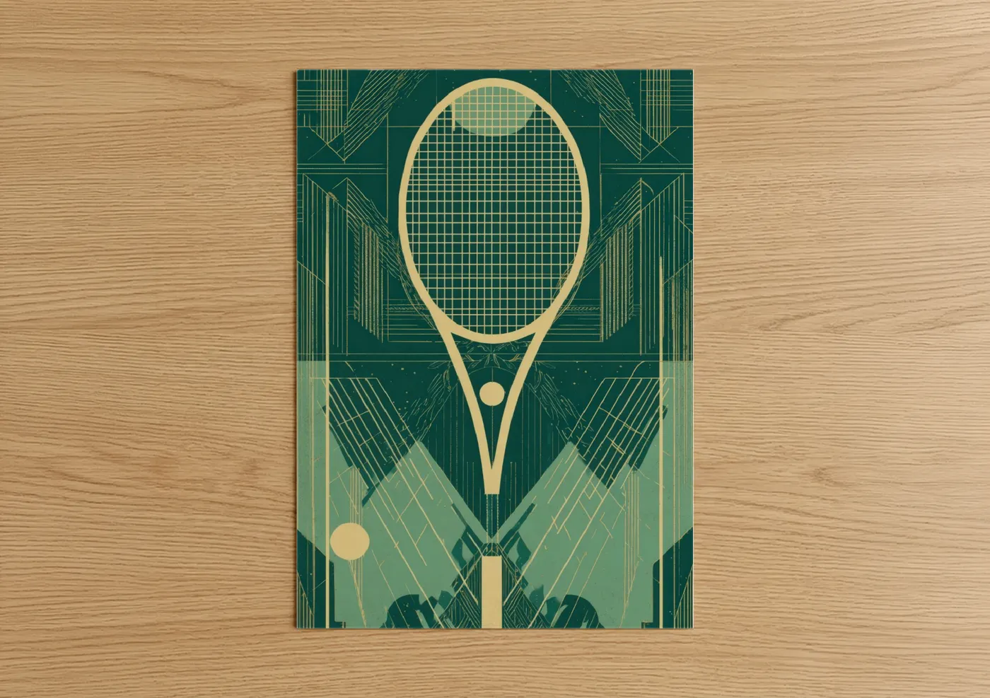 Racquetball art print on warm oak wood — teal and gold palette — Golden Racquet poster