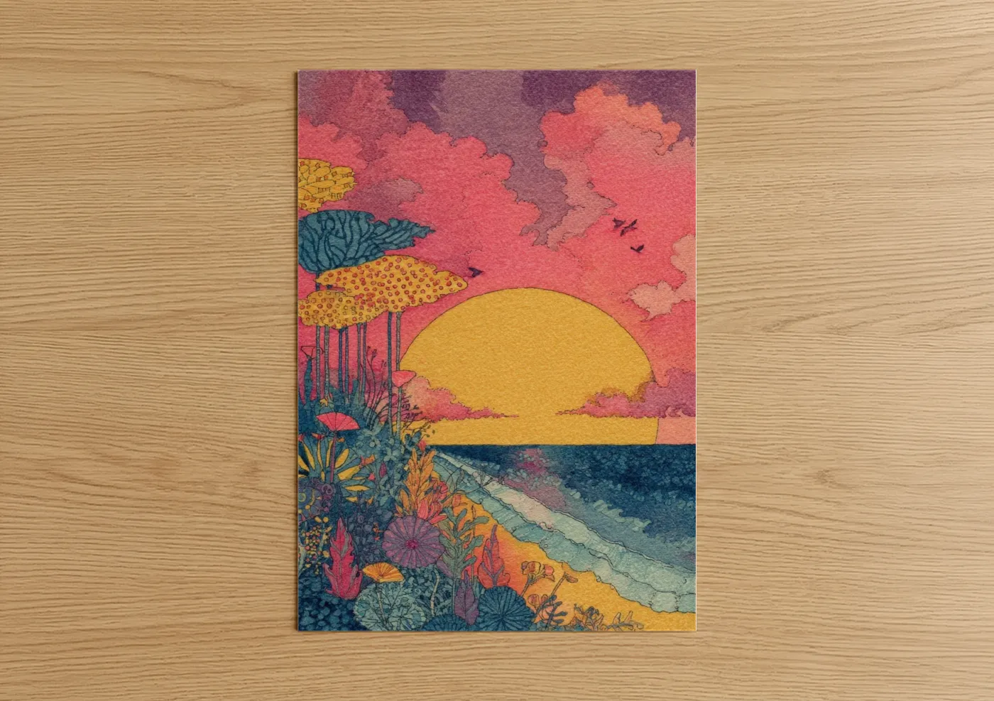 Crimson Sunset Beach Illustration Wall Art