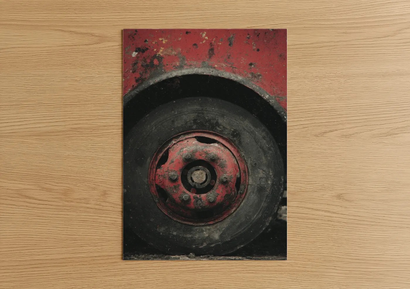 Fire engine art print on warm oak wood — red and black palette — Rusted Fire Wheel poster