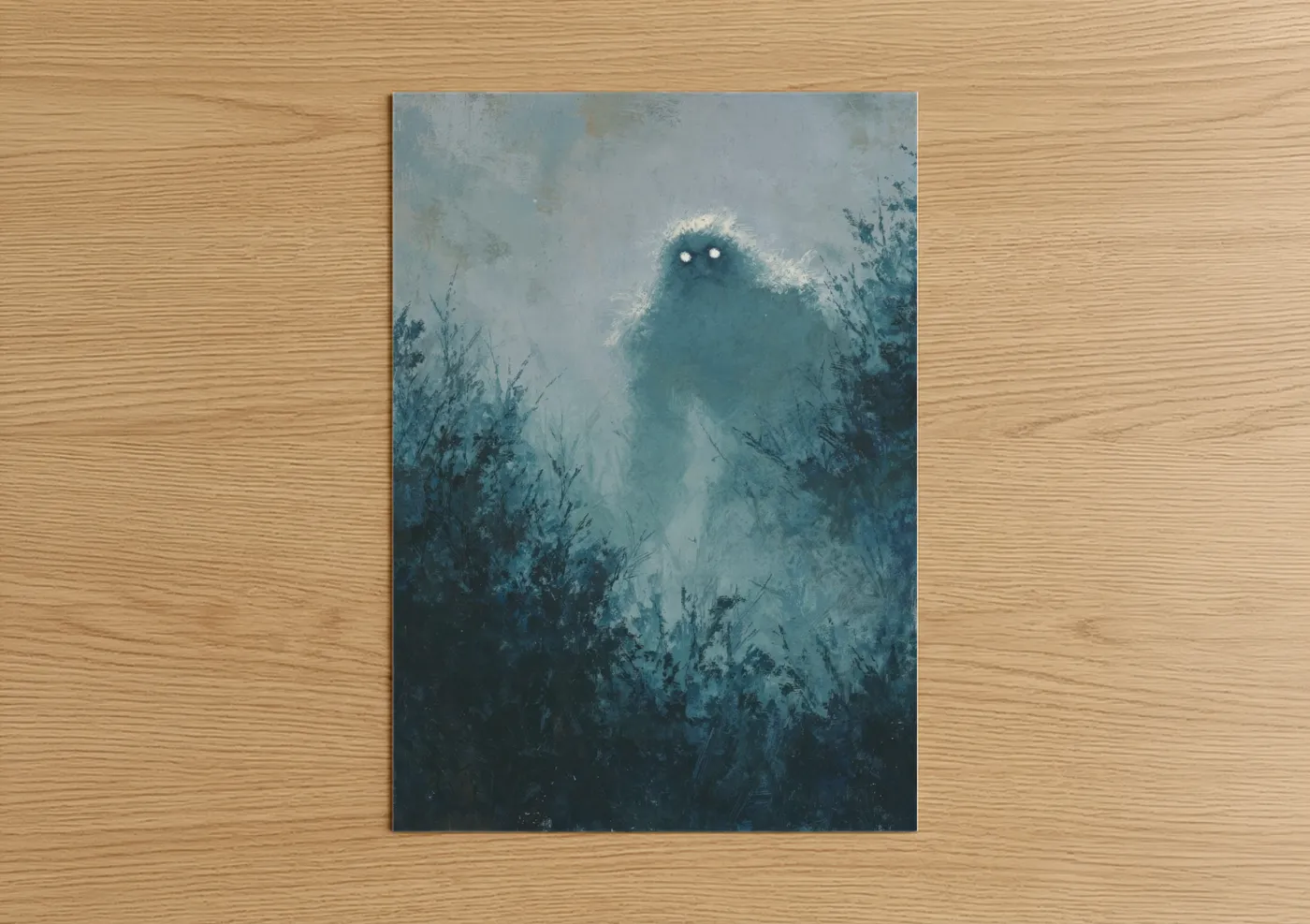 Art print on warm oak wood — blue and white and teal palette — Snowy Yeti poster