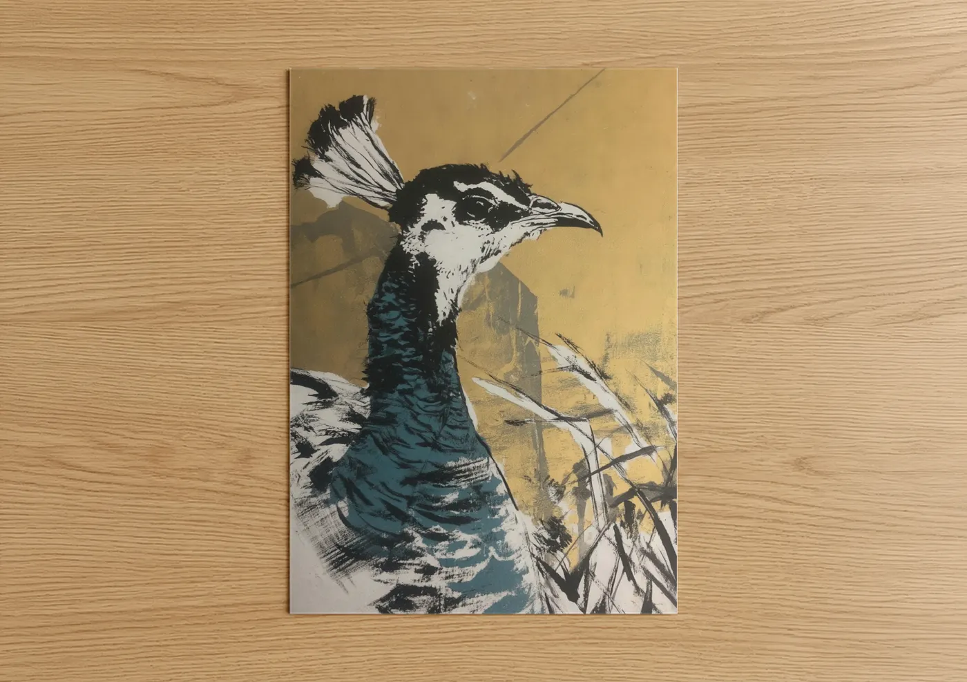 Art print on warm oak wood — gold and teal palette — Golden Ostrich poster