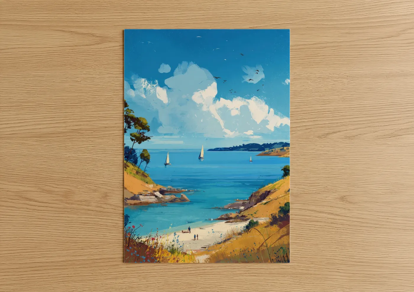 Sandy beach coastal cove with sailboats Wall Art