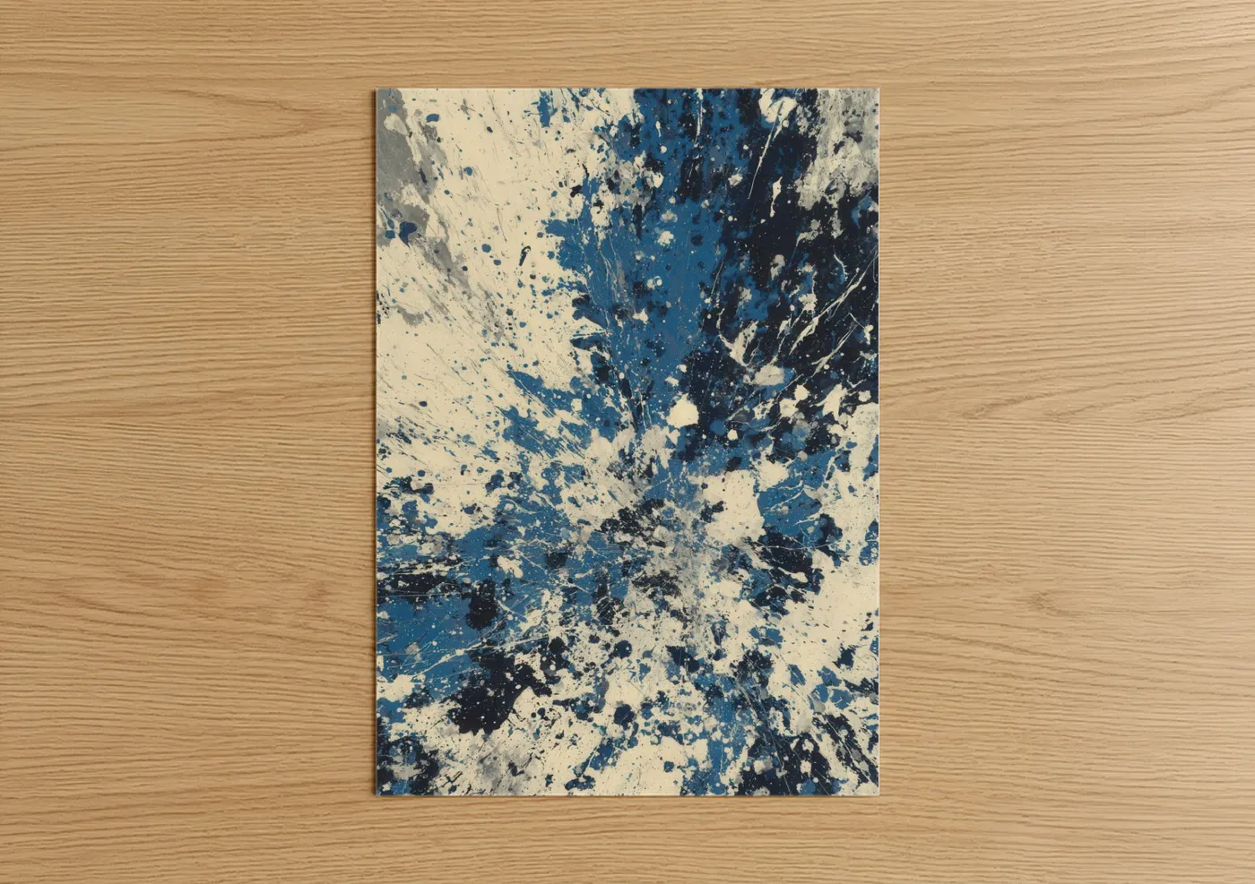 Art print on warm oak wood — blue and cream palette — Ocean Splash Tuna poster