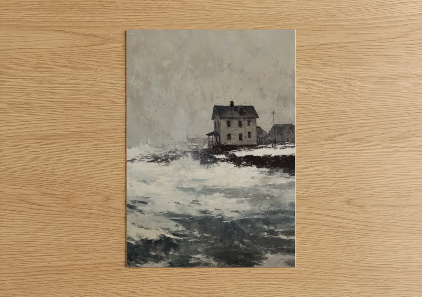 Snowy Coastal House Winter Watercolor Wall Art