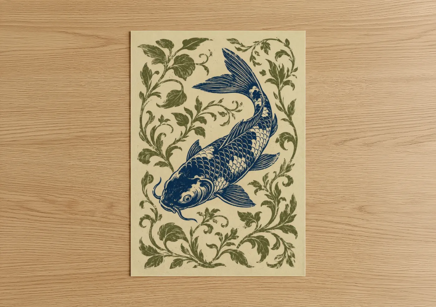 Art print on warm oak wood — blue and beige palette — Koi Fish Japanese Botanical Wall Art poster