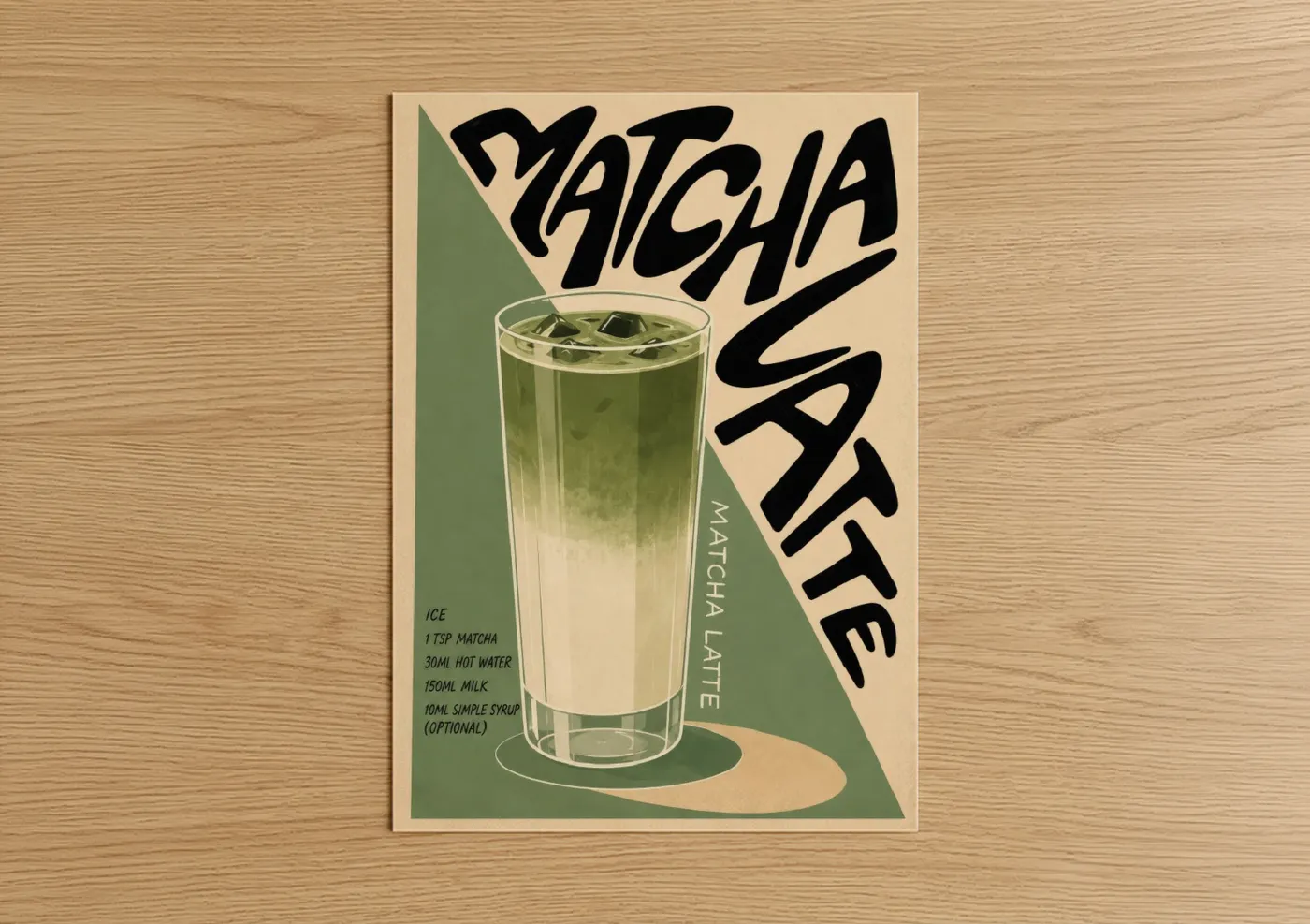 Tea art print on warm oak wood — sage green and beige palette — Matcha Latte Vintage Poster Wall Art poster