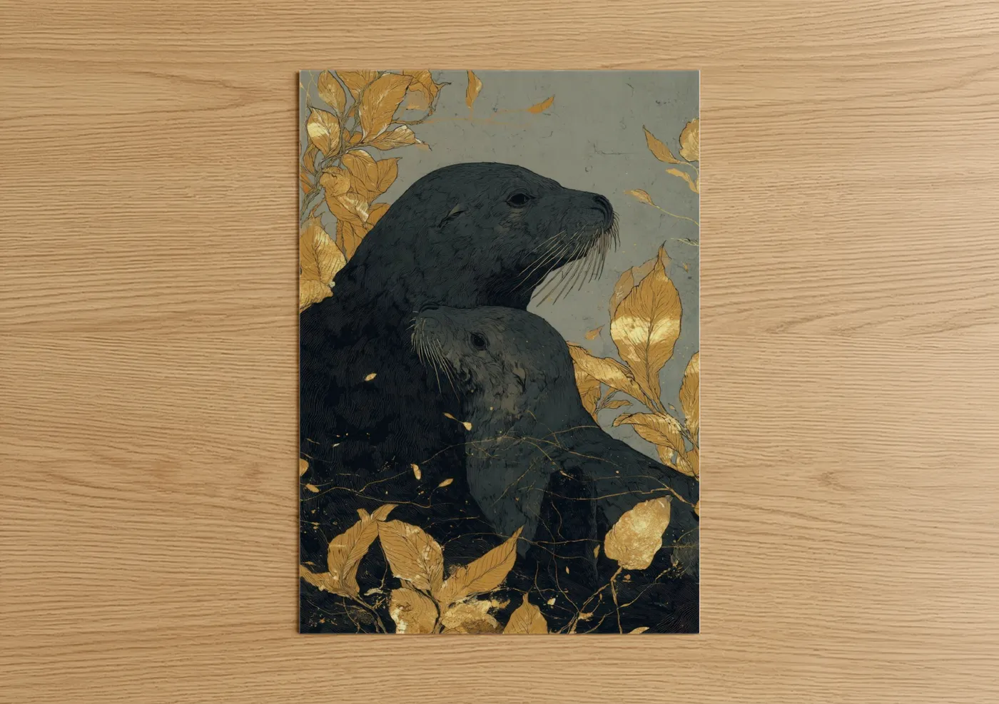Art print on warm oak wood — gold and gray palette — Golden Sea Lion poster