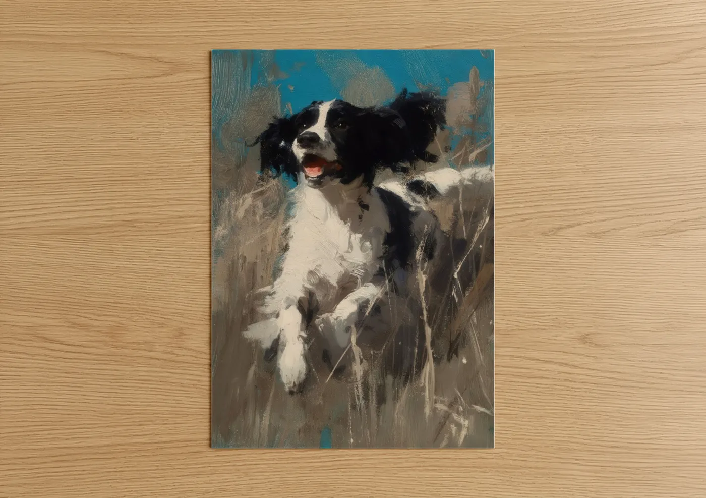 Art print on warm oak wood — blue and gold palette — Joyful Field Spaniel poster