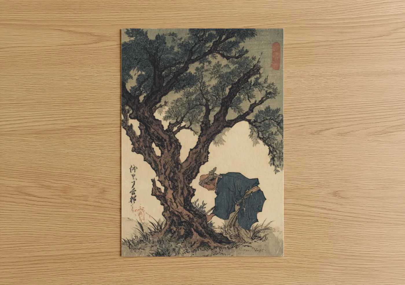 Art print on warm oak wood — cream and dark blue palette — Ancient Olive Tree poster