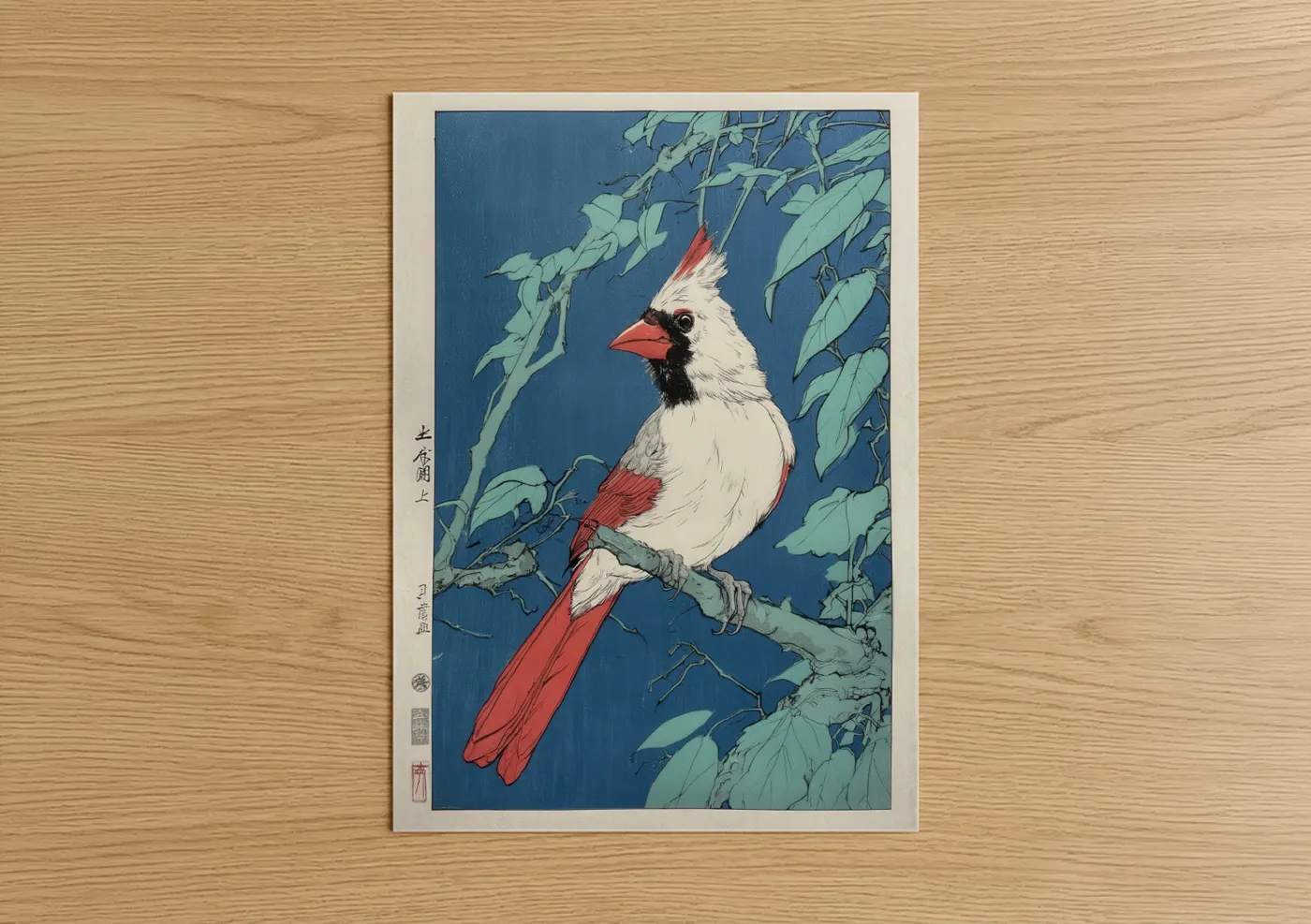 Art print on warm oak wood — blue and red palette — Crimson Cardinal poster