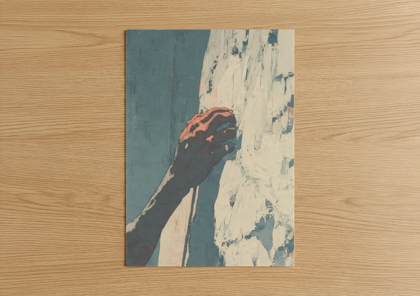 Rock climbing art print on warm oak wood — blue and russet palette — Crimson Summit Grip poster