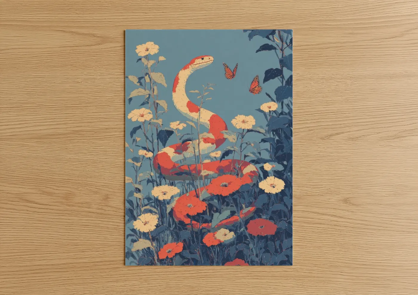 Art print on warm oak wood — blue and red palette — Garden Viper poster