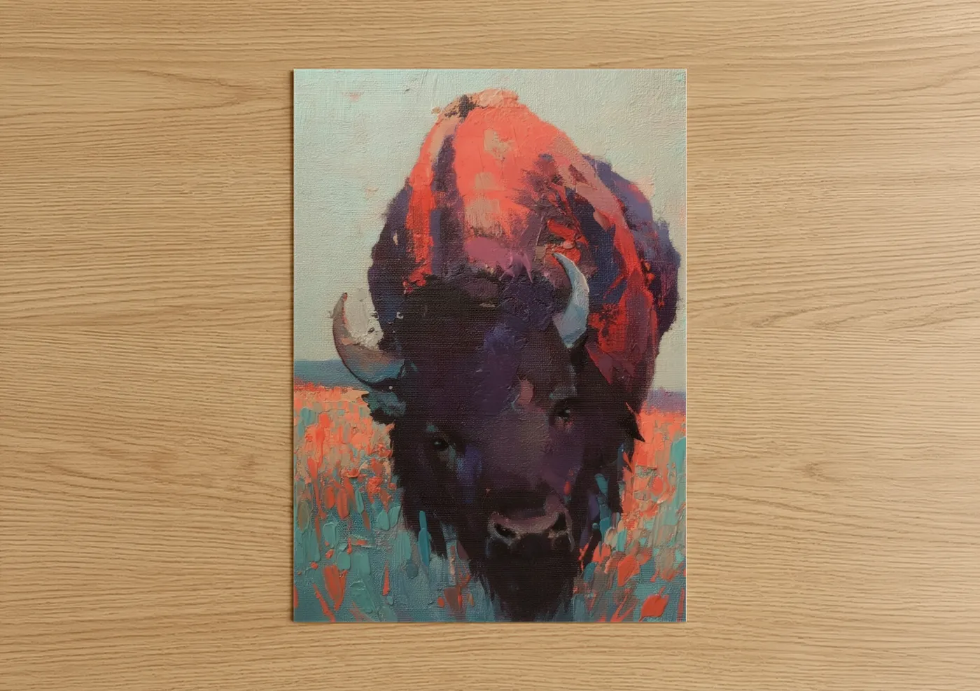 Art print on warm oak wood — red and purple palette — Crimson Bison poster
