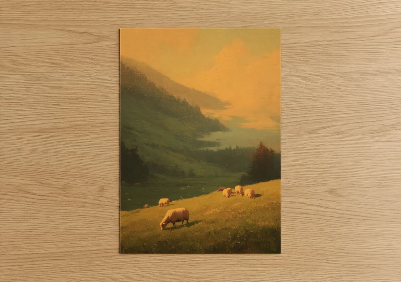 Farm art print on warm oak wood — gold and green palette — Alpine Pastoral Sunset poster