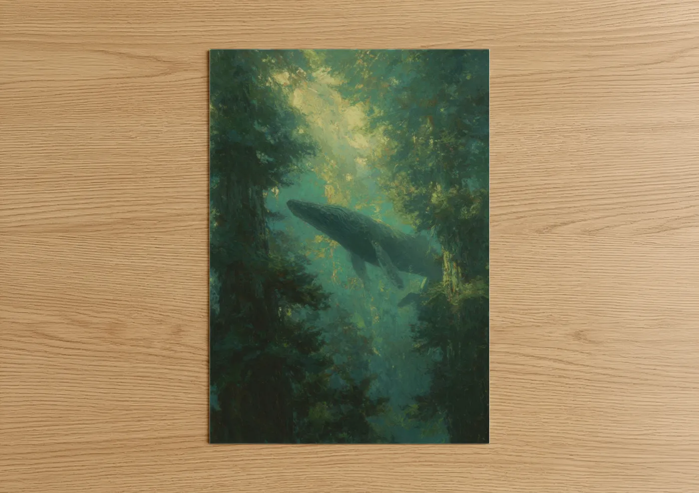 Sperm whale art print on warm oak wood — teal and gold palette — Abyssal Whale poster