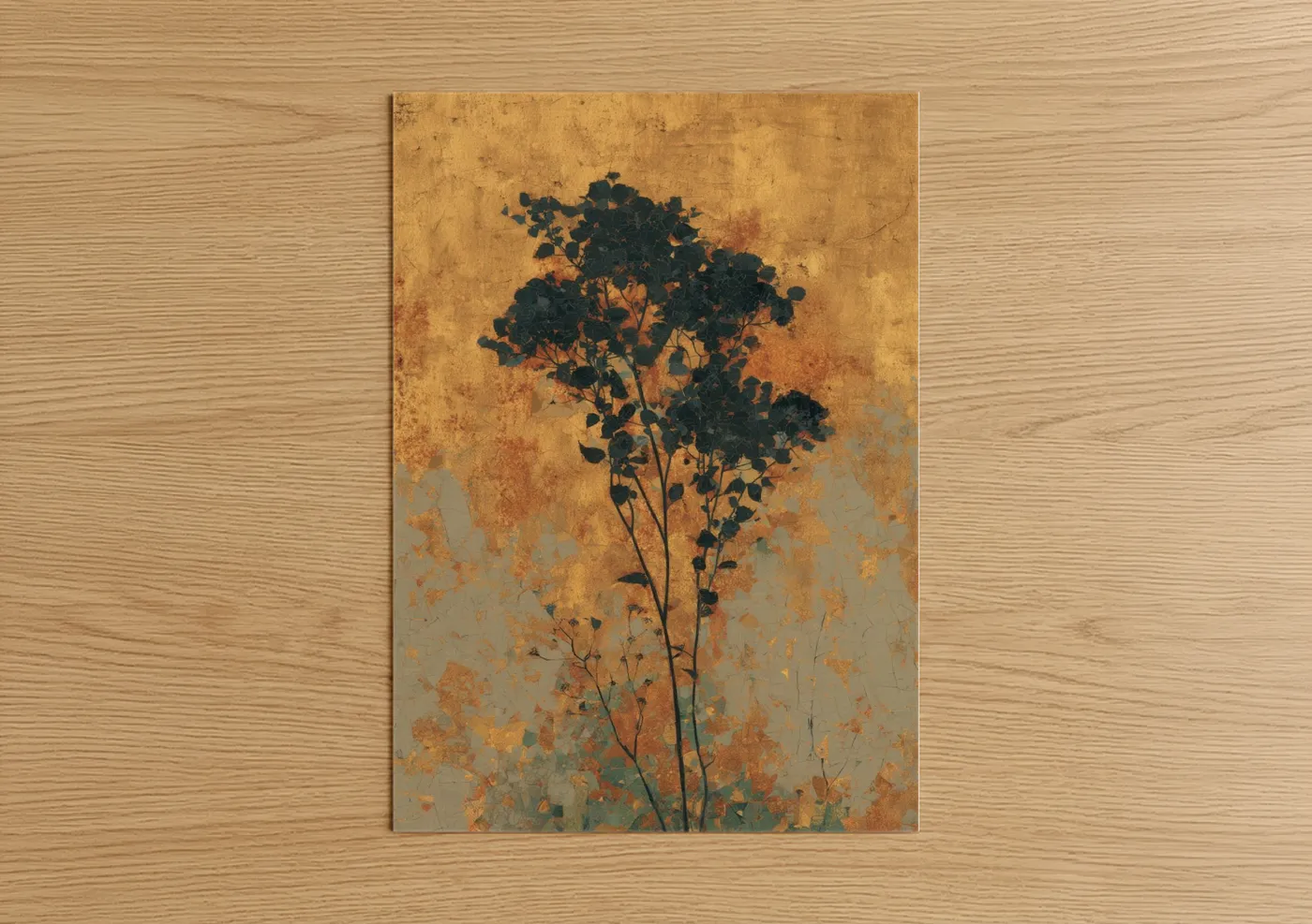 Juniper tree art print on warm oak wood — mustard and dove gray palette — Weathered Juniper poster