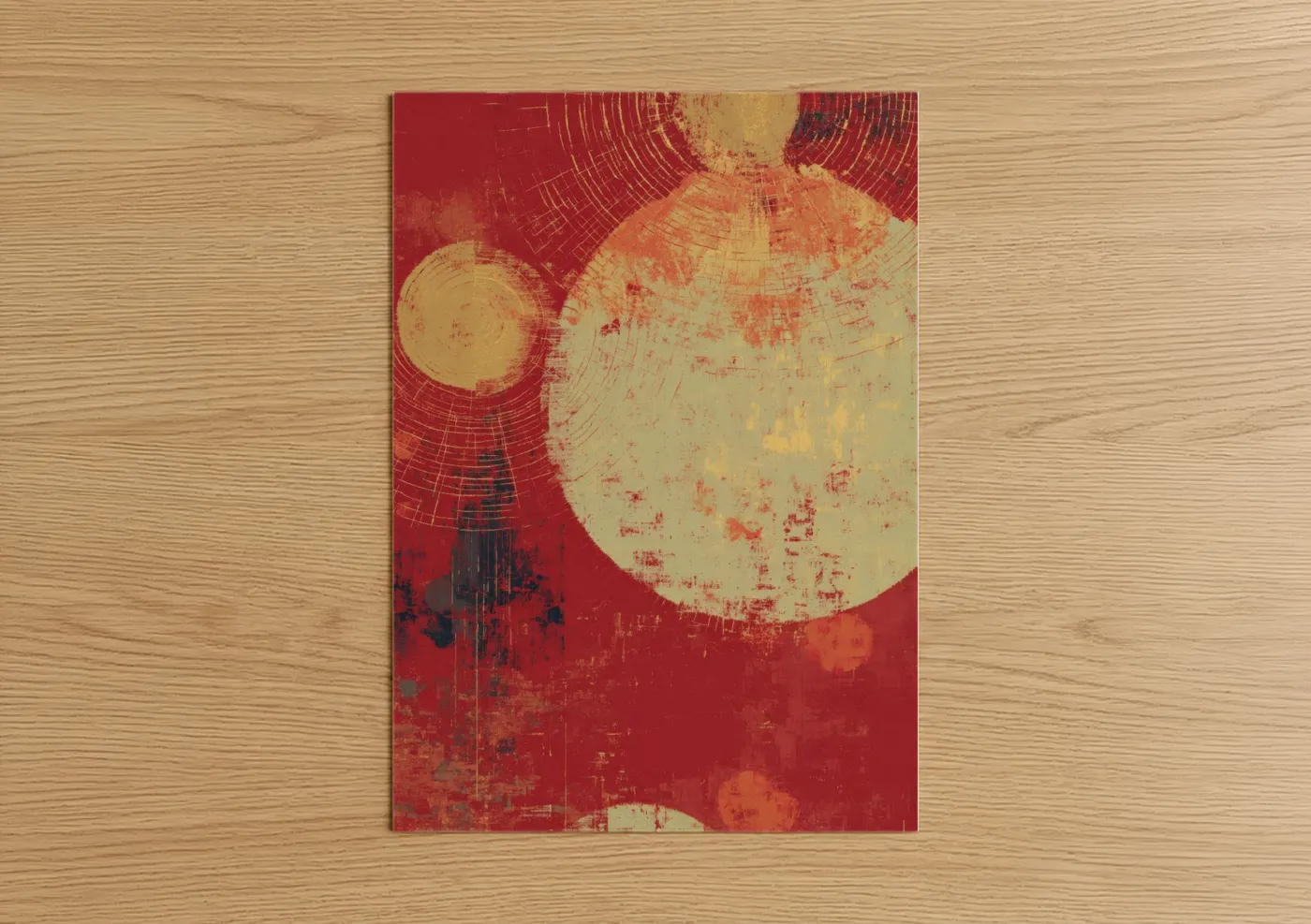 Art print on warm oak wood — red and gold palette — Celestial Islam poster