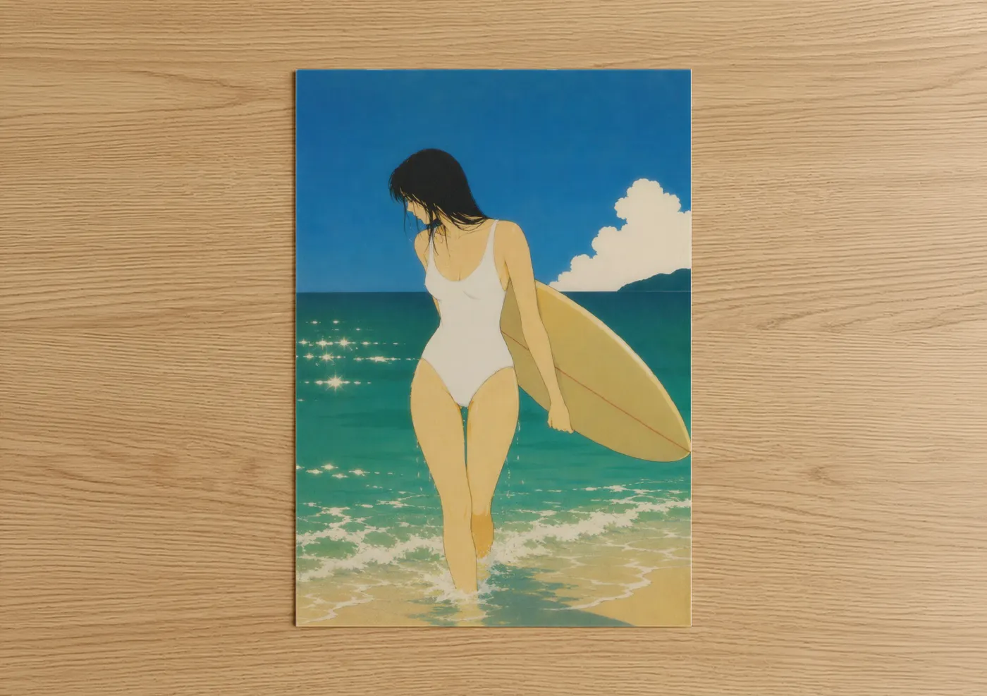 Sandy beach art print on warm oak wood — blue and teal palette — Coastal Surfer Beach Scene Wall Art poster