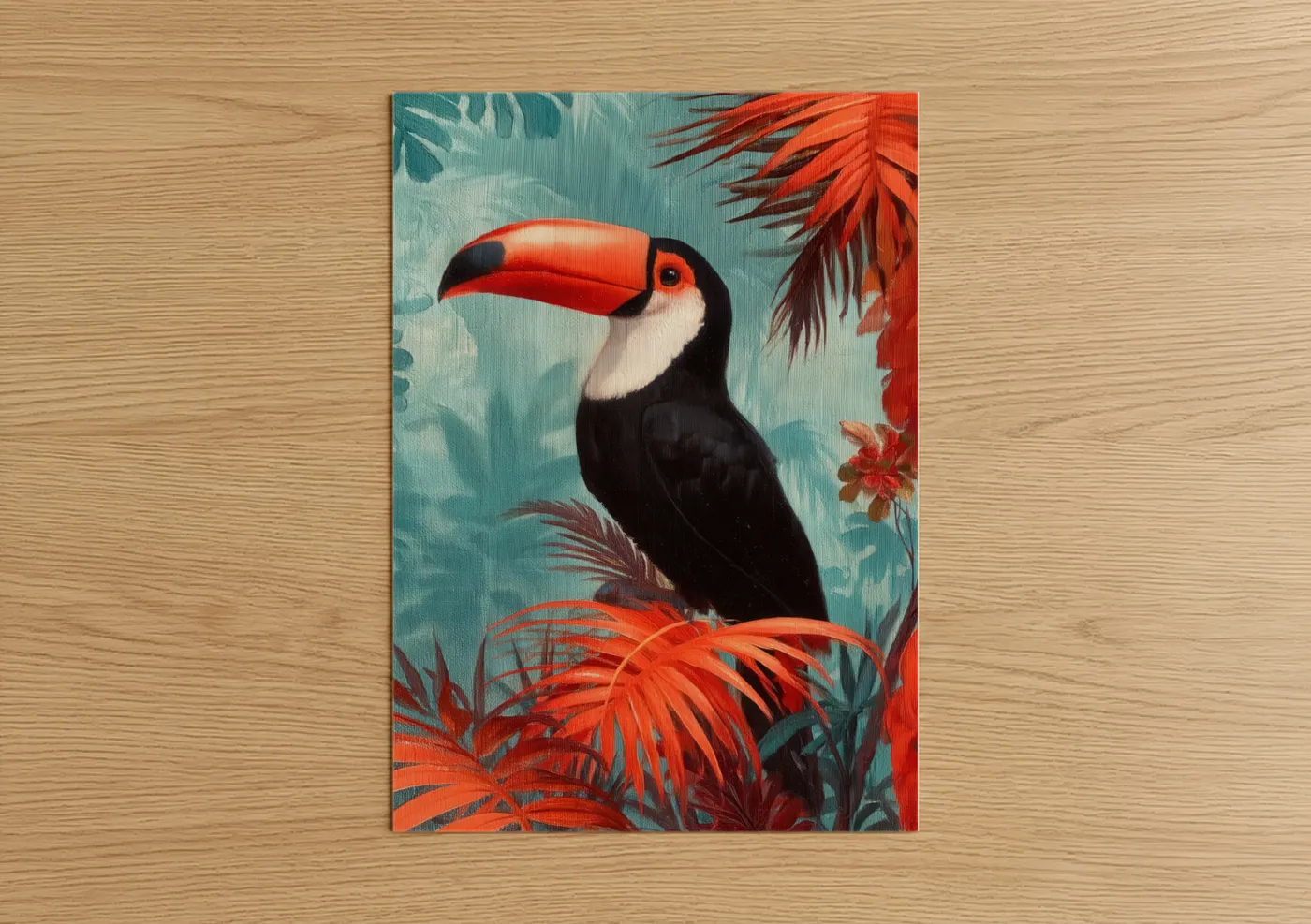 Art print on warm oak wood — teal and orange palette — Tropical Toucan poster