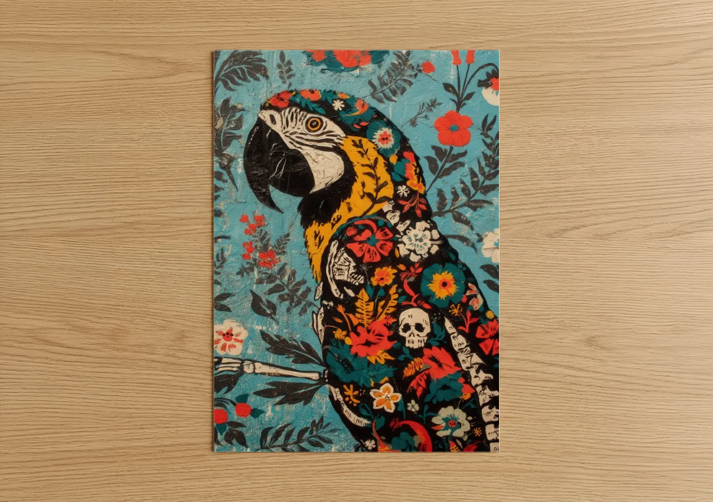 Art print on warm oak wood — turquoise and red palette — Floral Macaw poster