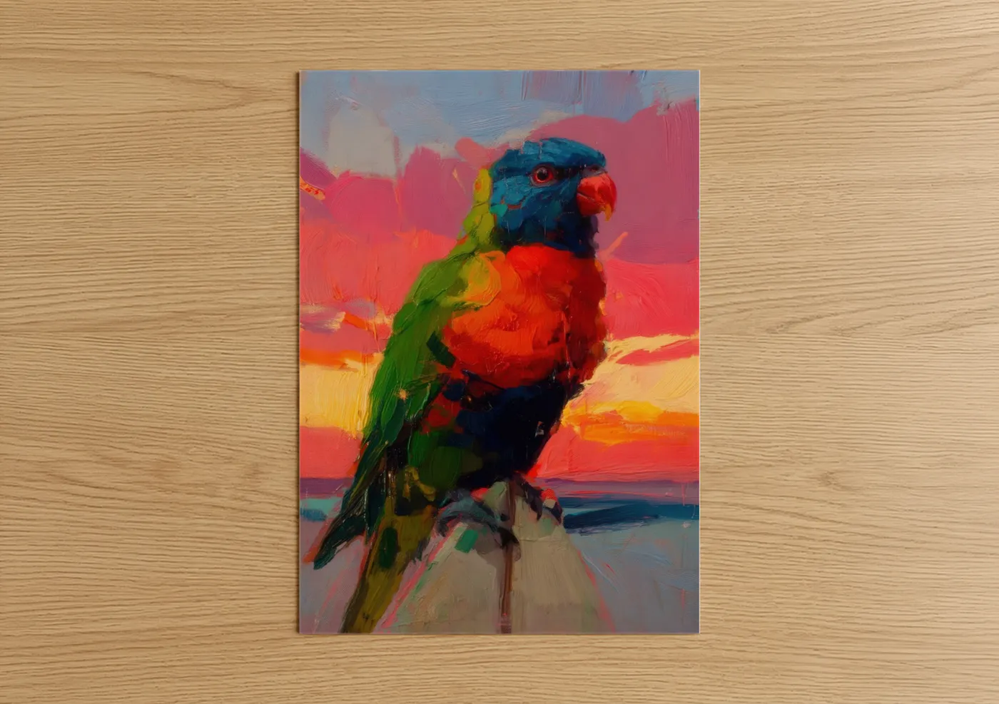 Rainbow lorikeet art print on warm oak wood — red and blue and green palette — Crimson Lorikeet poster