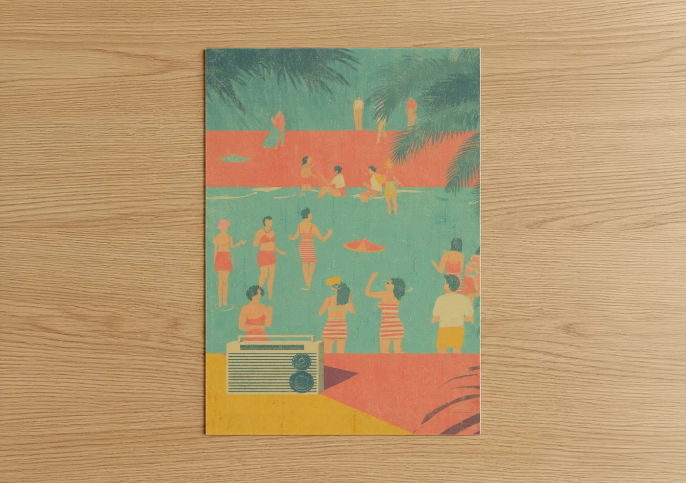 Retro pop art print on warm oak wood — teal and salmon pink palette — Retro Beach Party poster