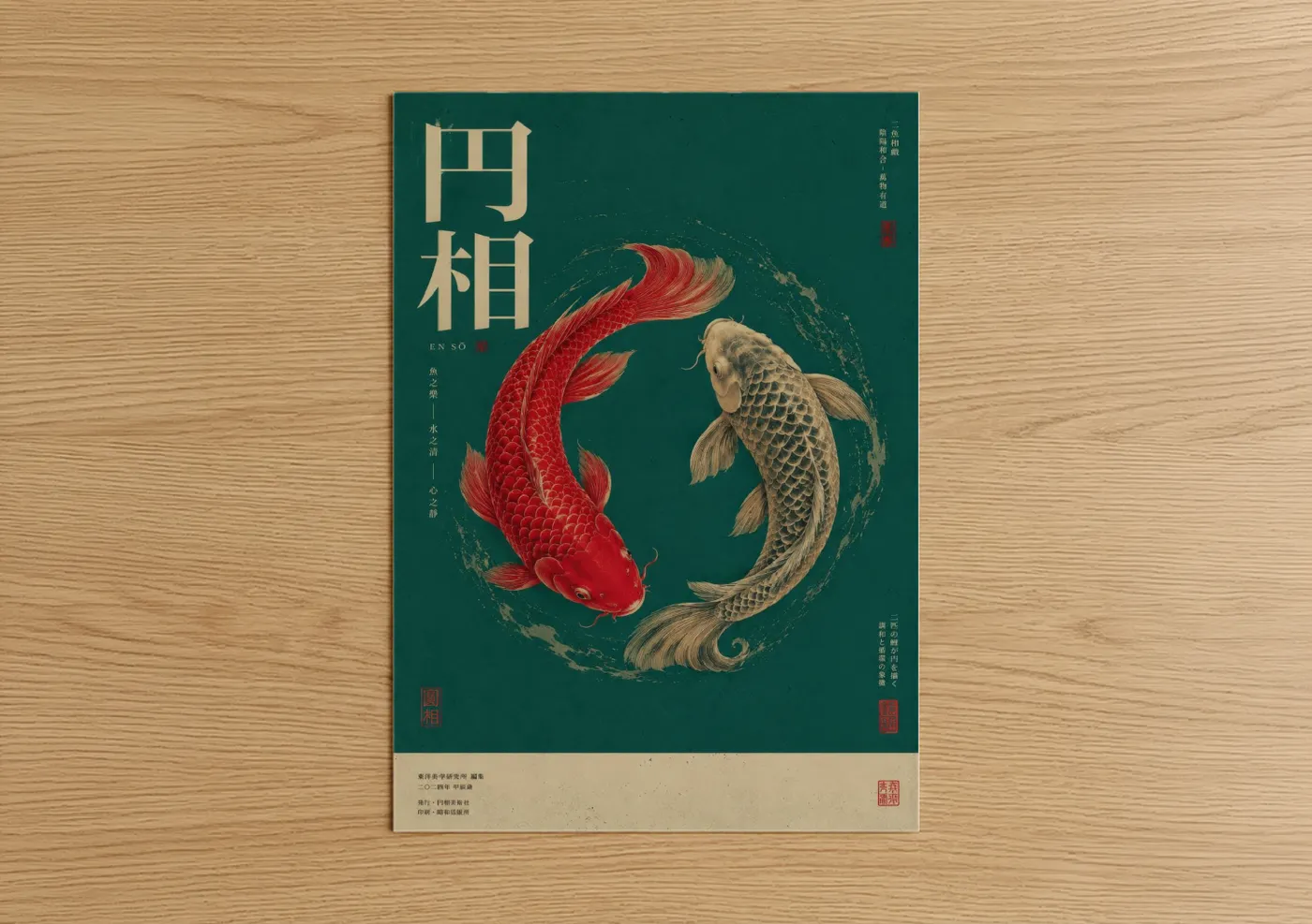Art print on warm oak wood — red and dark green palette — Koi Fish Circle Yin Yang Wall Art poster