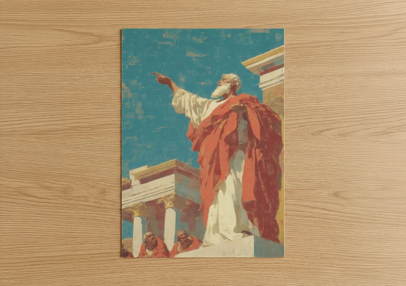 St. paul art print on warm oak wood — blue and red palette — Apostle Paul Ascending poster