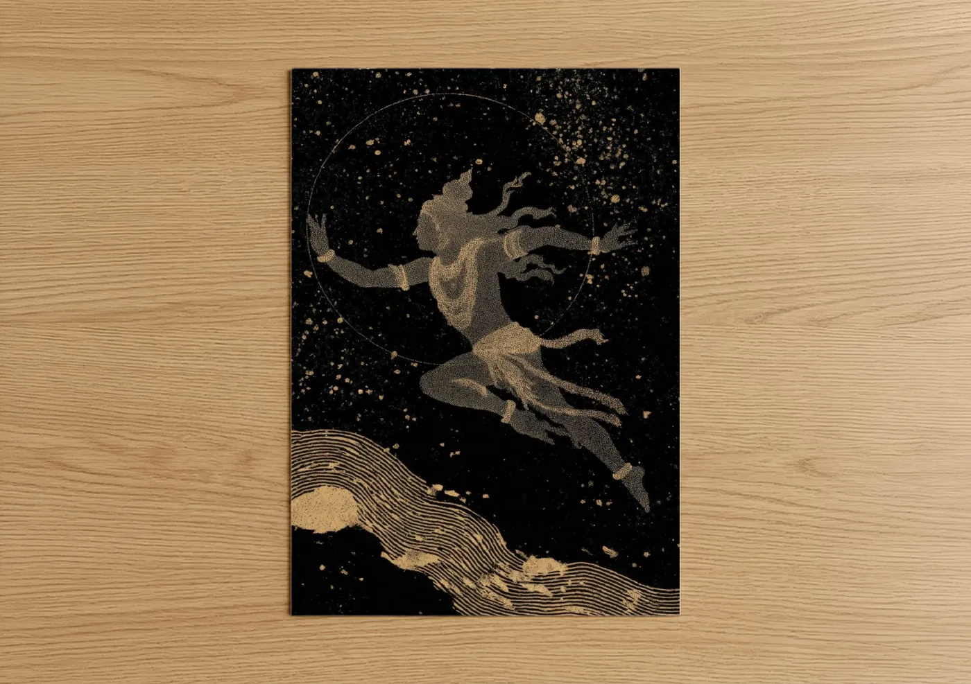 Hinduism art print on warm oak wood — gold and black palette — Cosmic Shiva Dance poster