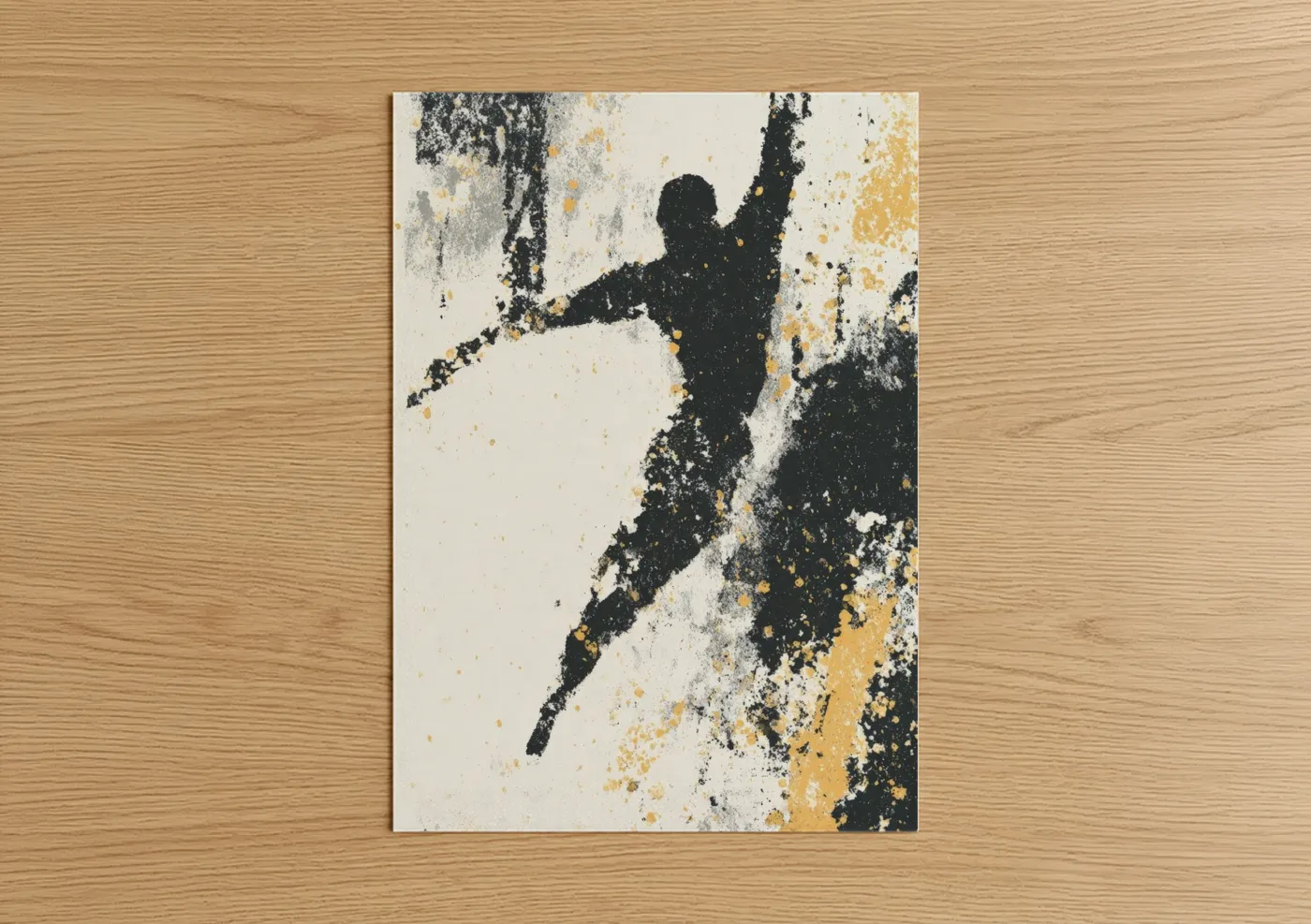 Gymnastics art print on warm oak wood — black and white and gold palette — Victory Leap poster