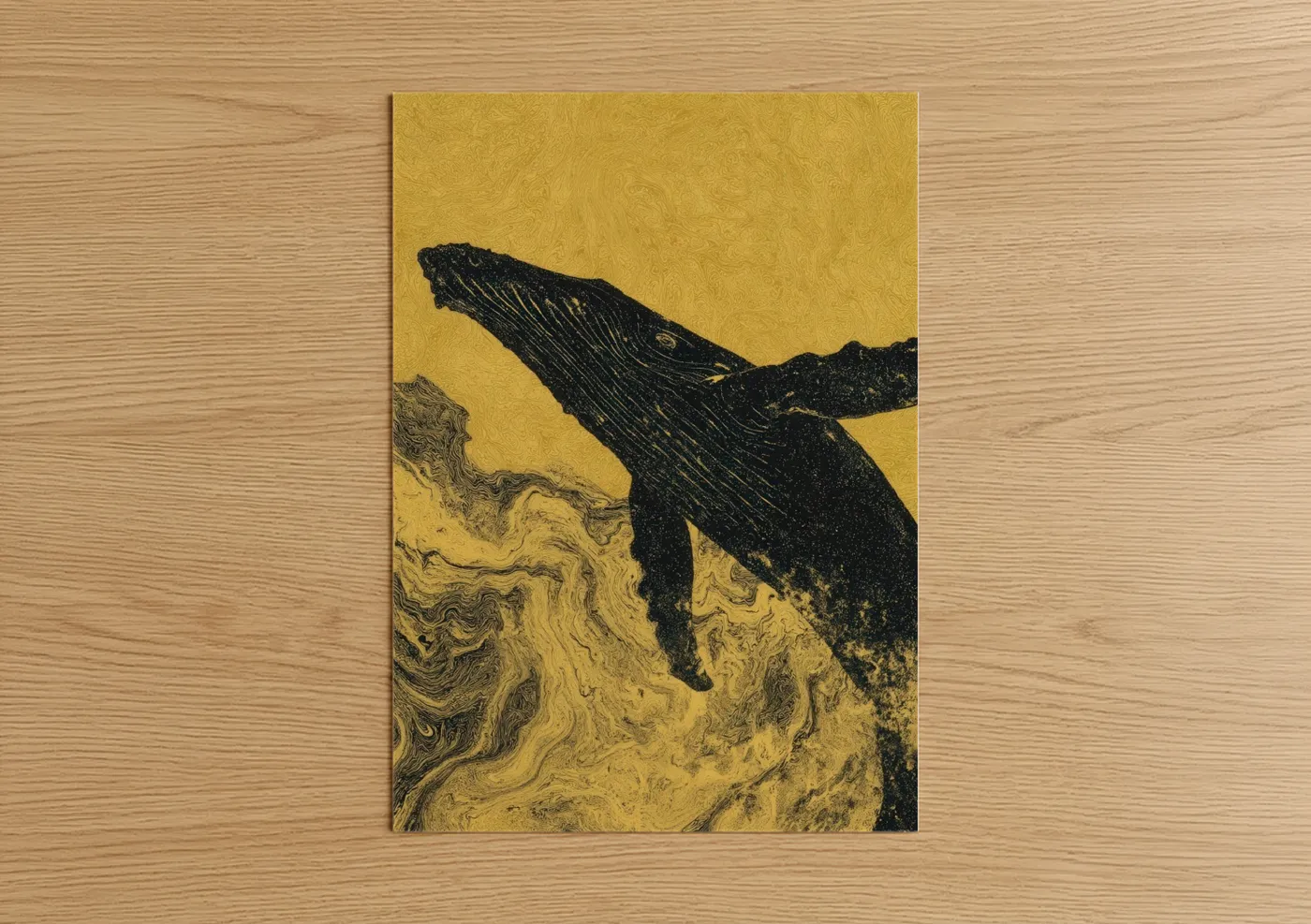 Humpback whale art print on warm oak wood — yellow gold and black palette — Golden Breach Whale poster