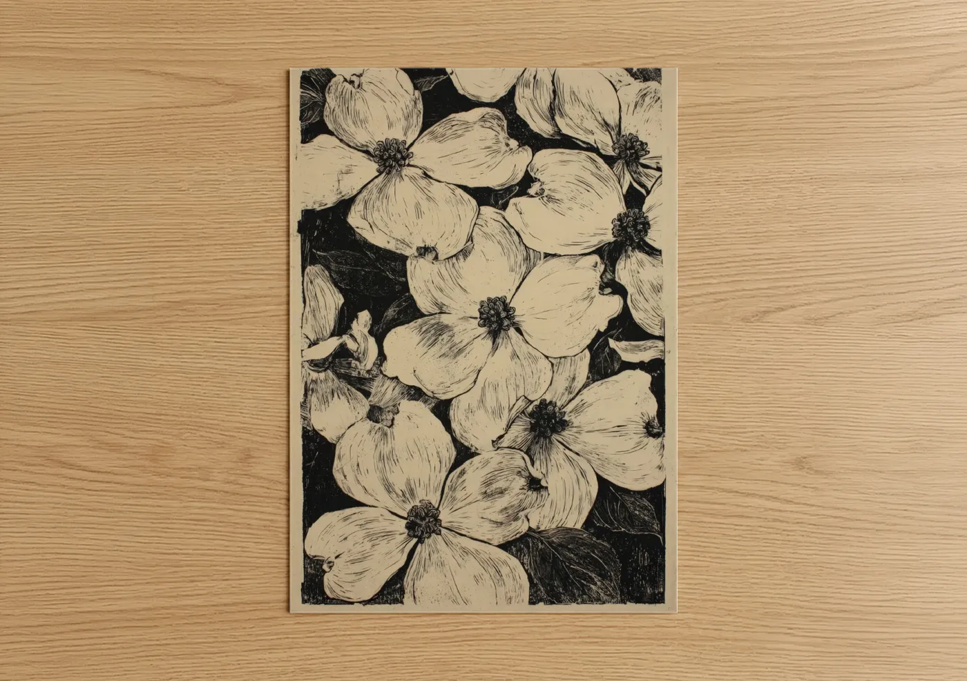 Cream Dogwood Blooms Black and White Wall Art