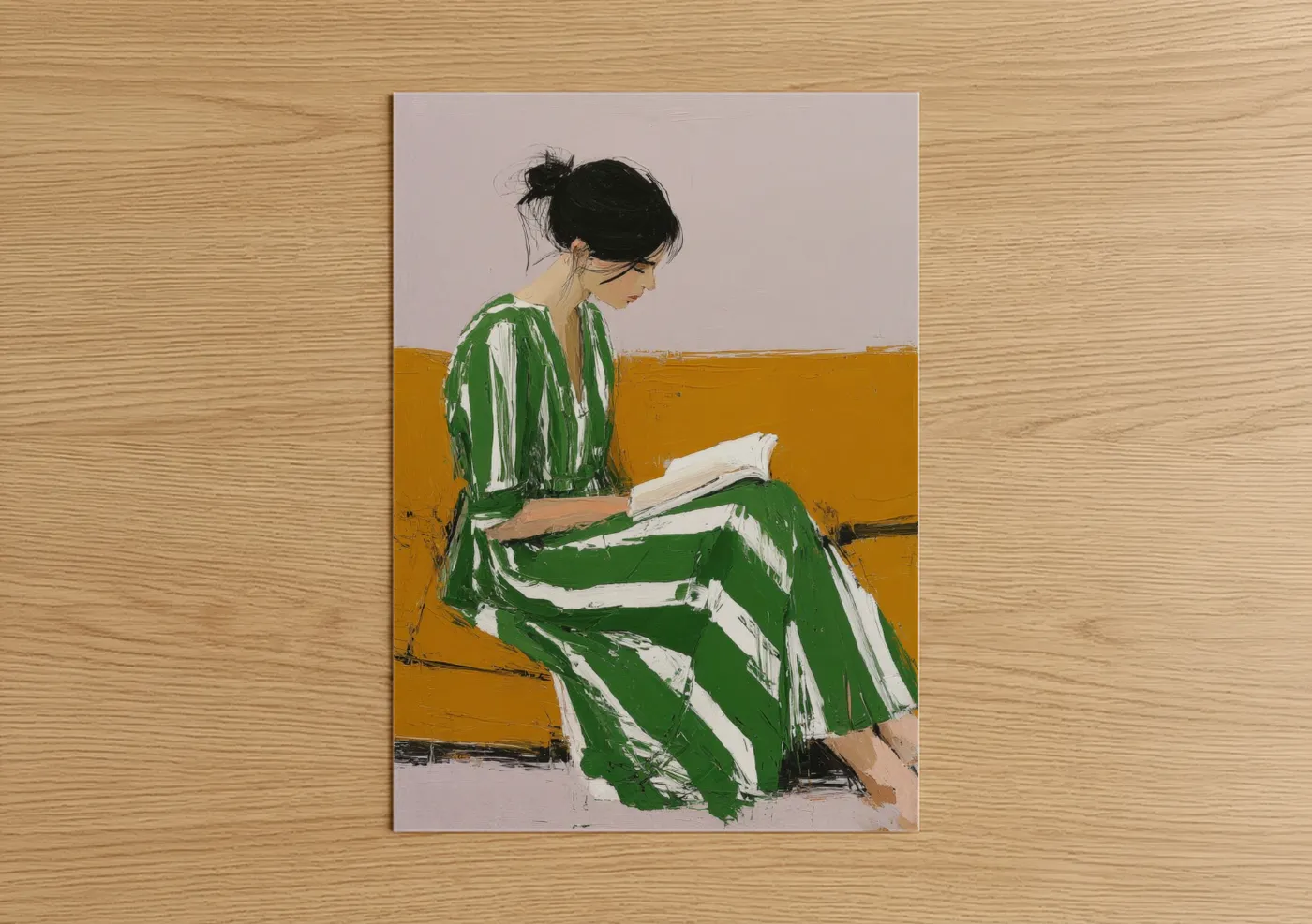 Reading art print on warm oak wood — gold and true green palette — Contemplative Reader poster