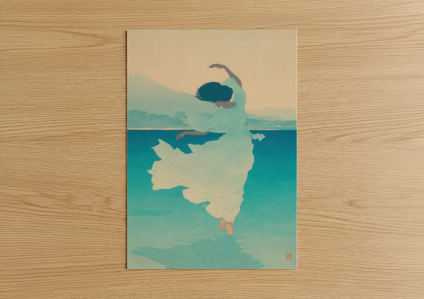 Art print on warm oak wood — turquoise and cream palette — Coastal Hula Dancer poster