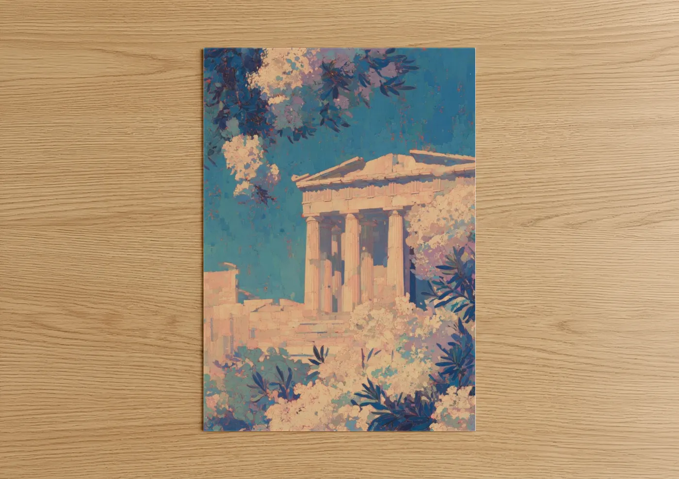 Art print on warm oak wood — gold and teal palette — Golden Parthenon poster