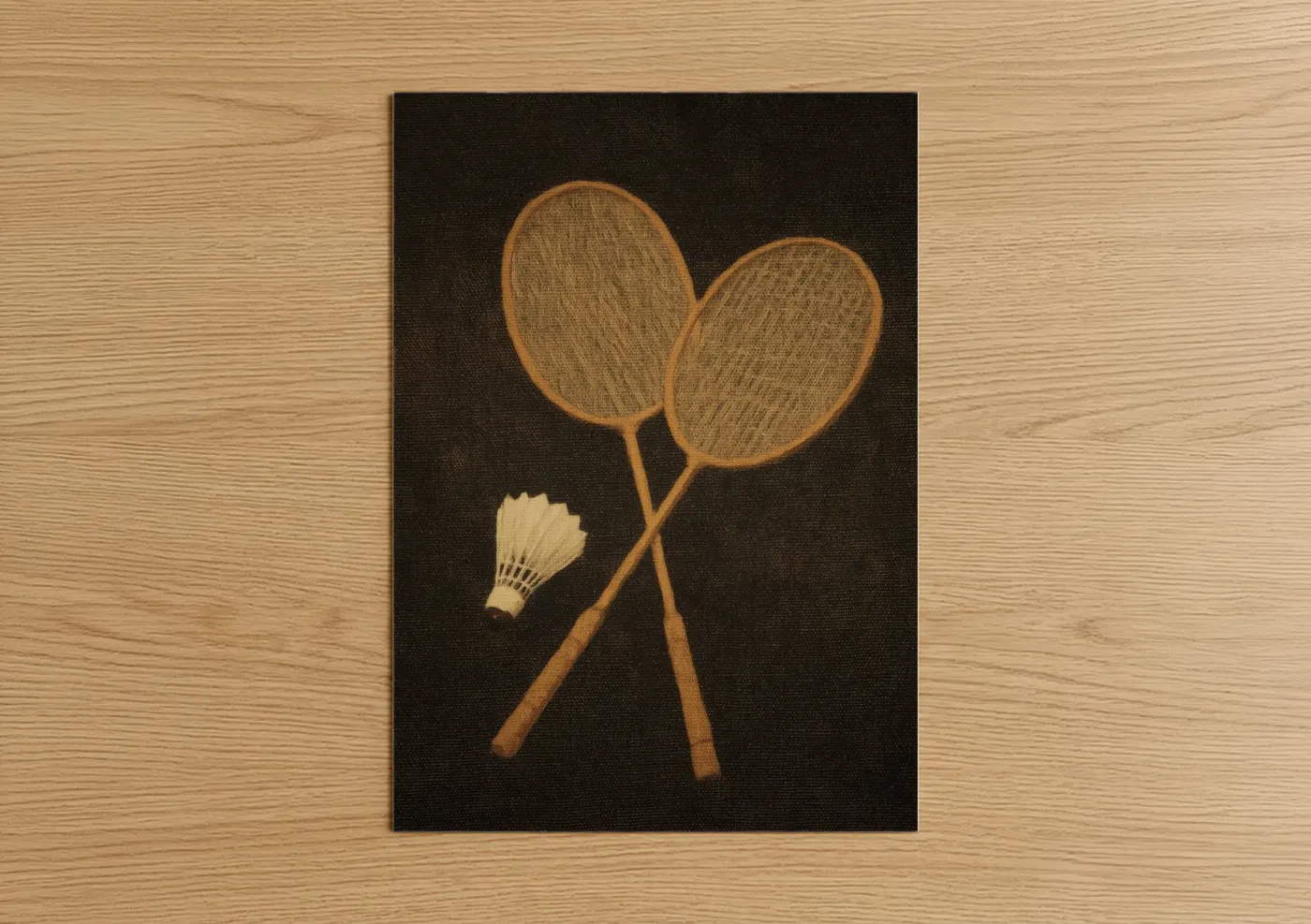 Art print on warm oak wood — gold and black palette — Vintage Badminton poster