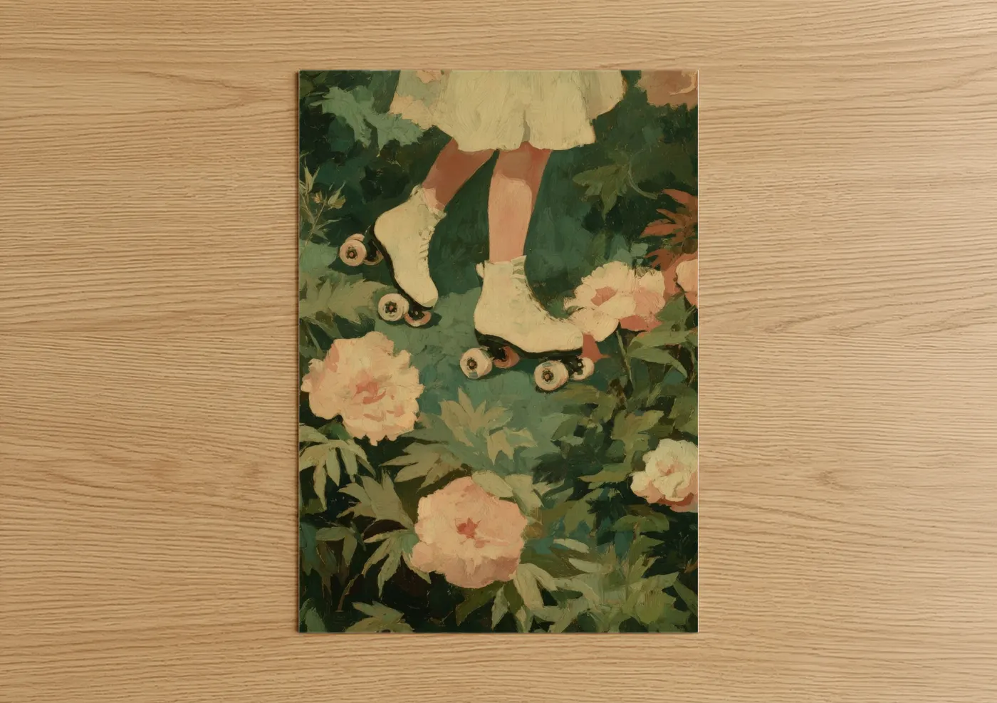 Vintage Roller Skating Garden Illustration Wall Art