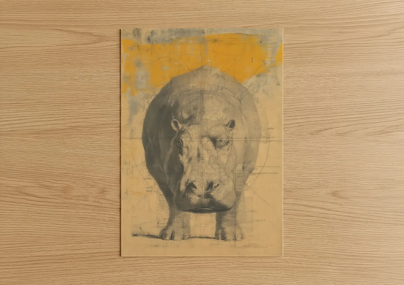 Art print on warm oak wood — gold and gray palette — Golden Hippo poster