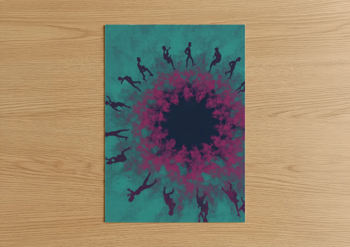 Art print on warm oak wood — teal and magenta palette — Energetic Zumba Circle poster