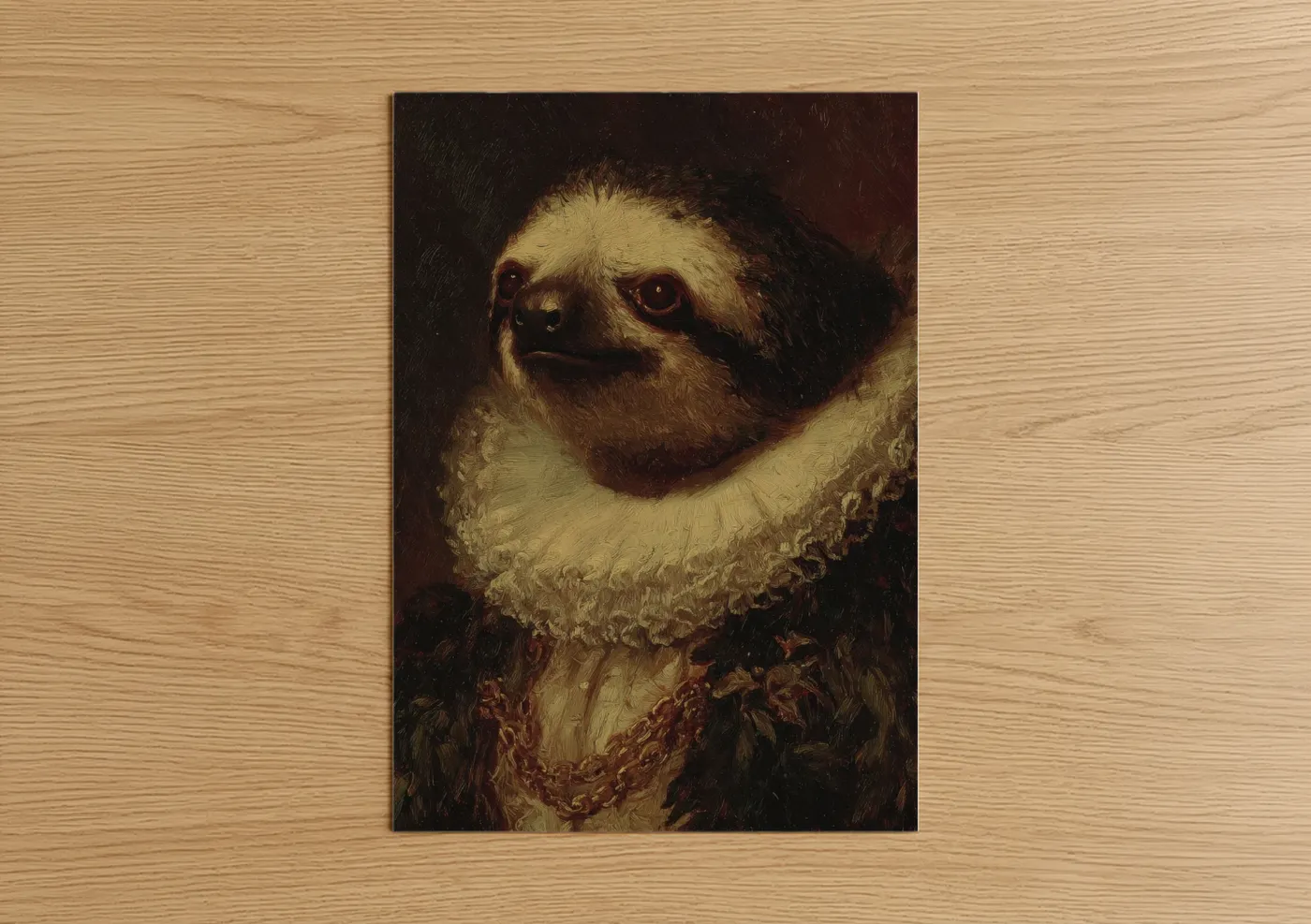 Art print on warm oak wood — maroon and gold palette — Aristocratic Sloth poster