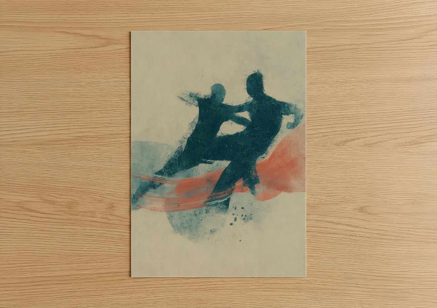 Art print on warm oak wood — teal and peach palette — Dynamic Capoeira Dancers poster