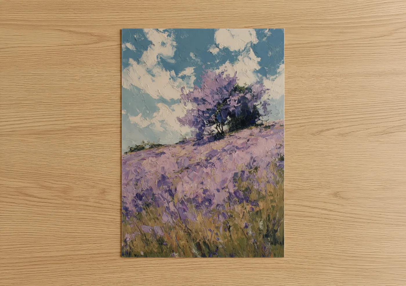 Art print on warm oak wood — purple and blue and white palette — Lilac Hillside poster