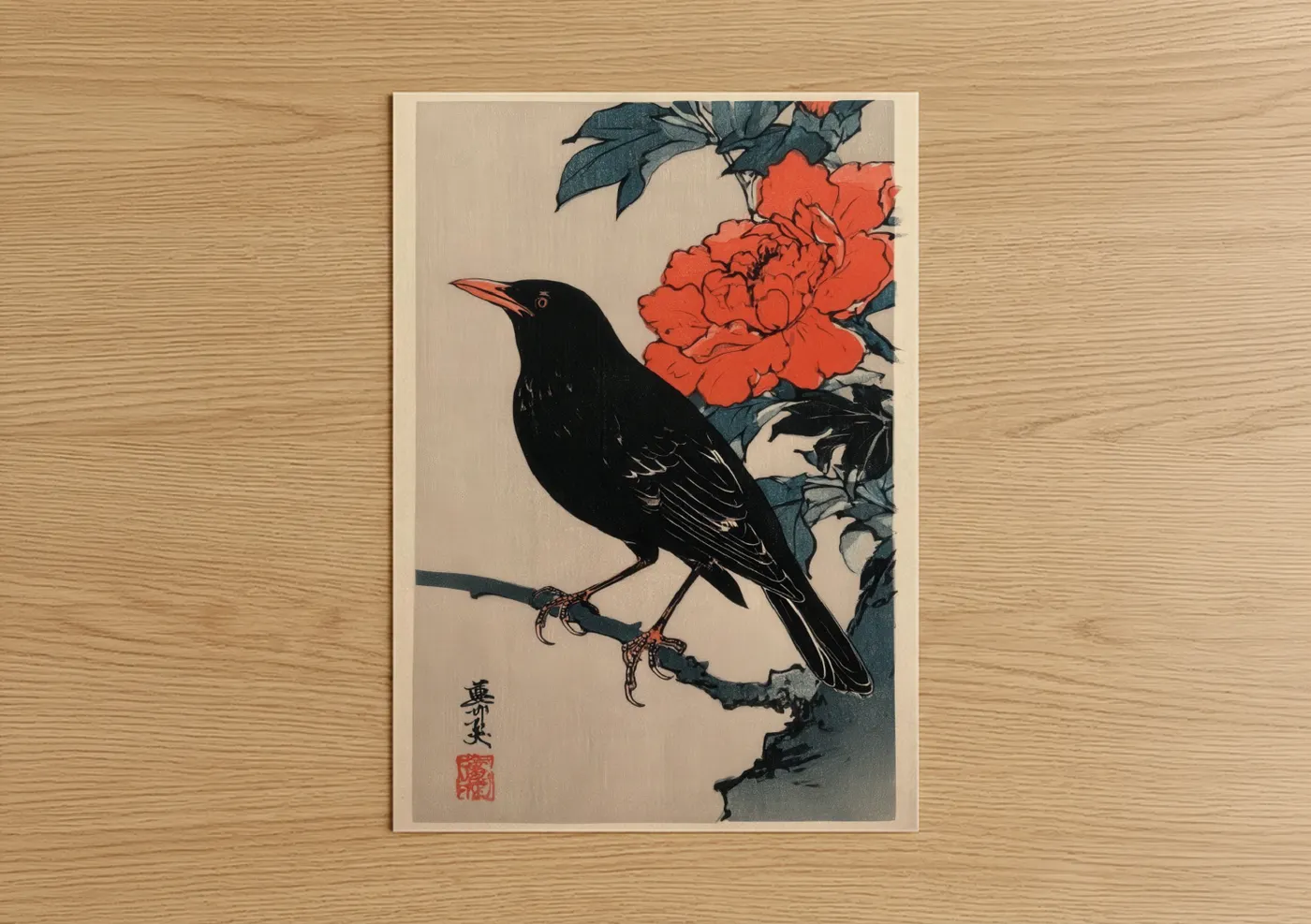 Black Thrush with Red Flowers Woodblock Wall Art