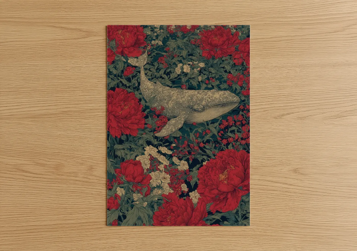 Art print on warm oak wood — gold and red palette — Floral Narwhal poster